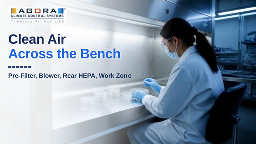 Airflow path inside a horizontal laminar air flow cabinet from rear HEPA filter to front exit