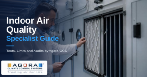 Indoor air quality specialist logging CO2, humidity and particle counts in a hospital ward