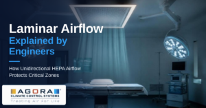 Laminar airflow ceiling delivering unidirectional HEPA-filtered air over an operation theatre table