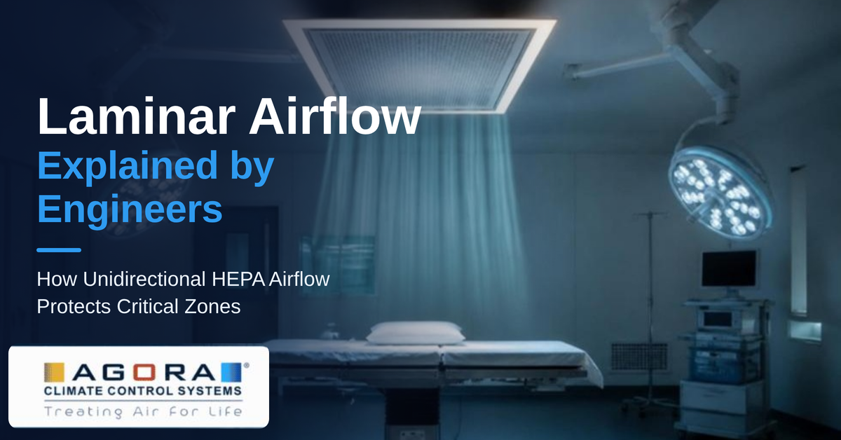 Laminar airflow ceiling delivering unidirectional HEPA-filtered air over an operation theatre table