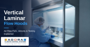 Vertical laminar flow hood air flow from HEPA ceiling to front opening, by Agora CCS