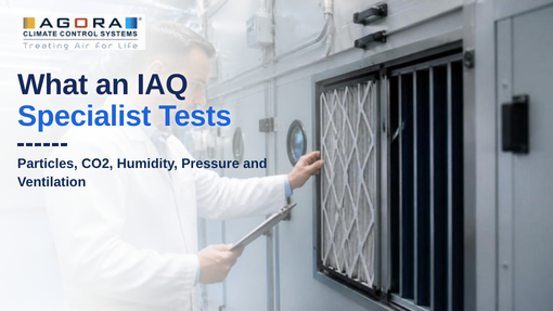 Indoor air quality specialist testing particles, CO2 and humidity inside a building
